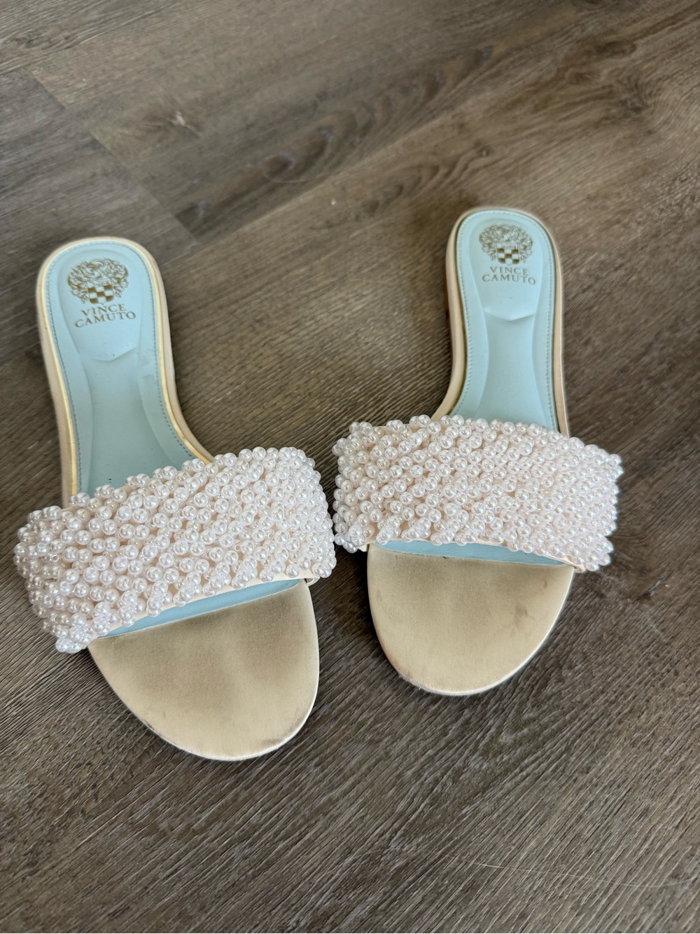 Vince Camuto Pearl-Embellished Slide Sandals in Ivory